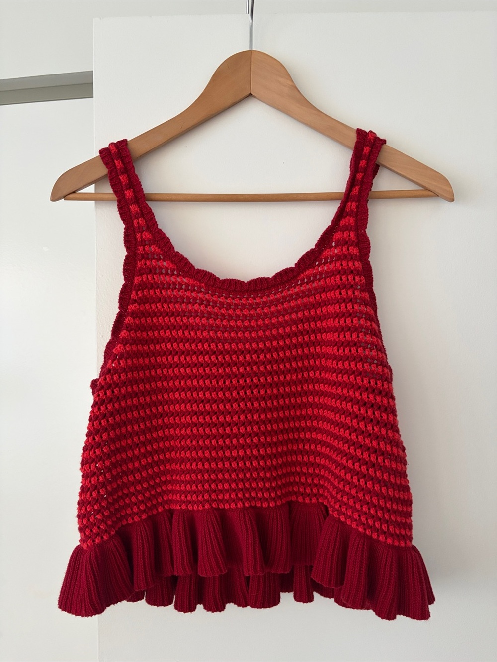 American Eagle Outfitters Red Crochet Ruffle Hem Tank Top